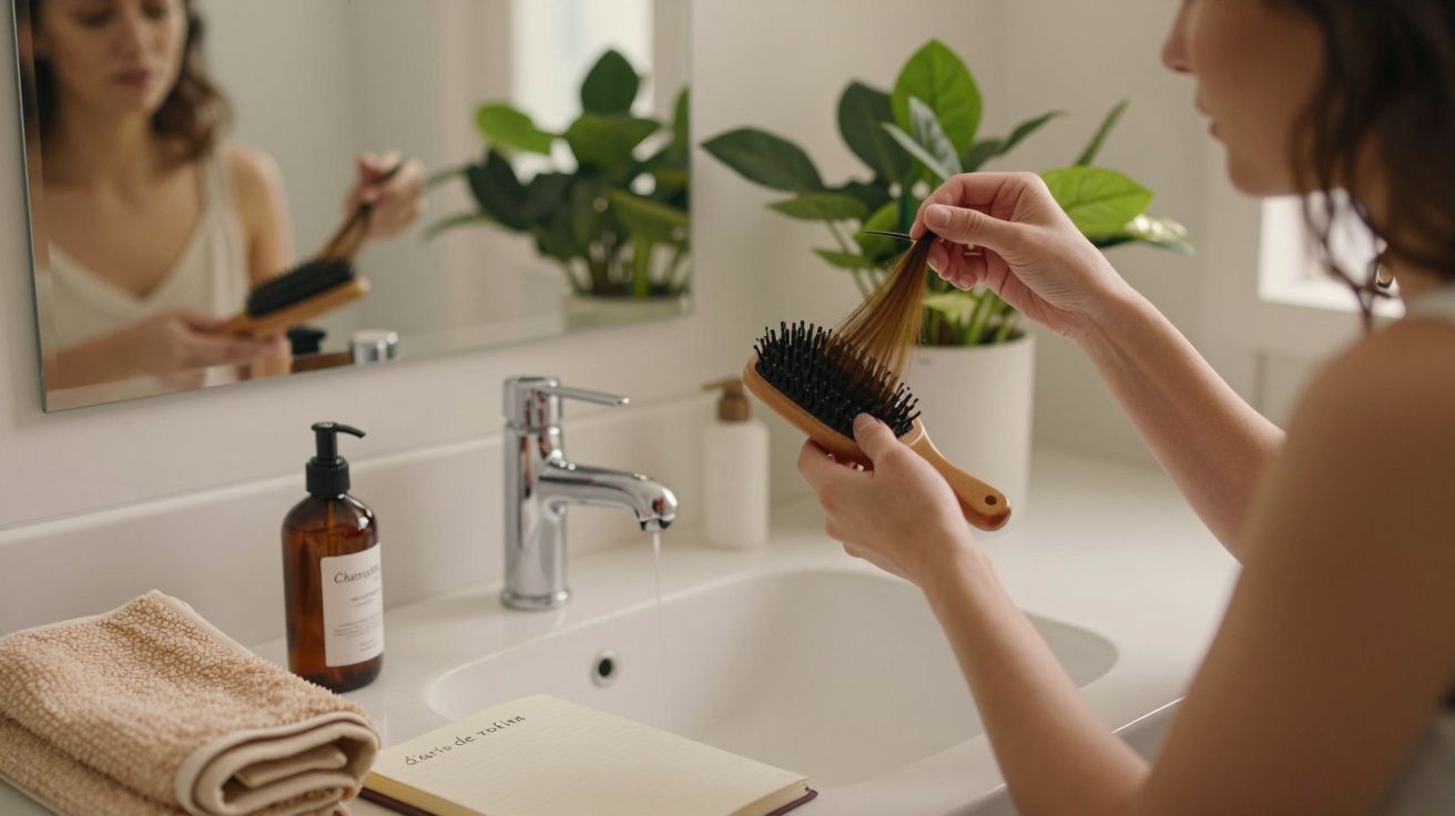 Mulher a pentear o cabelo em frente ao espelho com plantas e toalha perto de um lavatório.