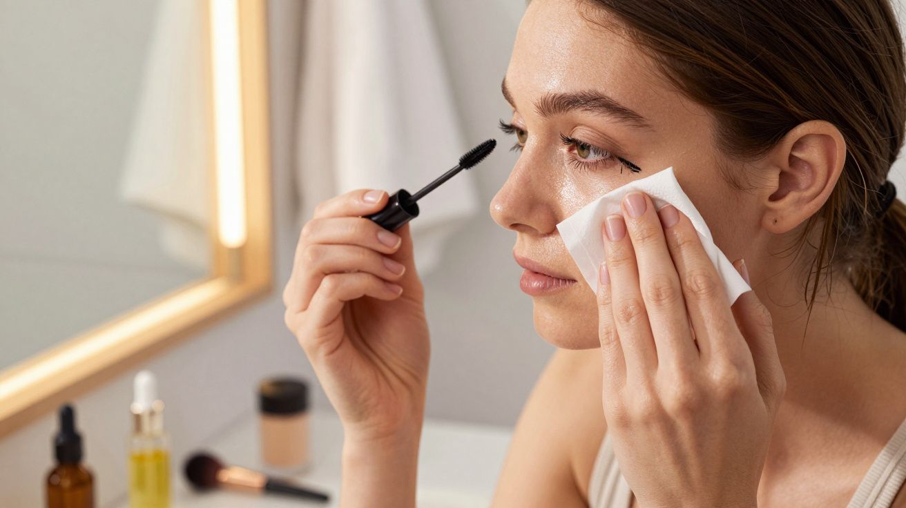 Mulher aplica rímel enquanto segura um algodão no rosto, em frente a um espelho, com produtos de beleza ao redor.
