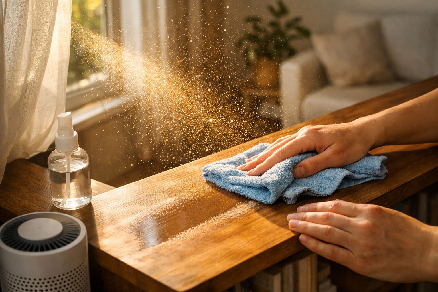 Pessoa observa purificador de ar numa sala iluminada, com sofá, plantas e almofada.