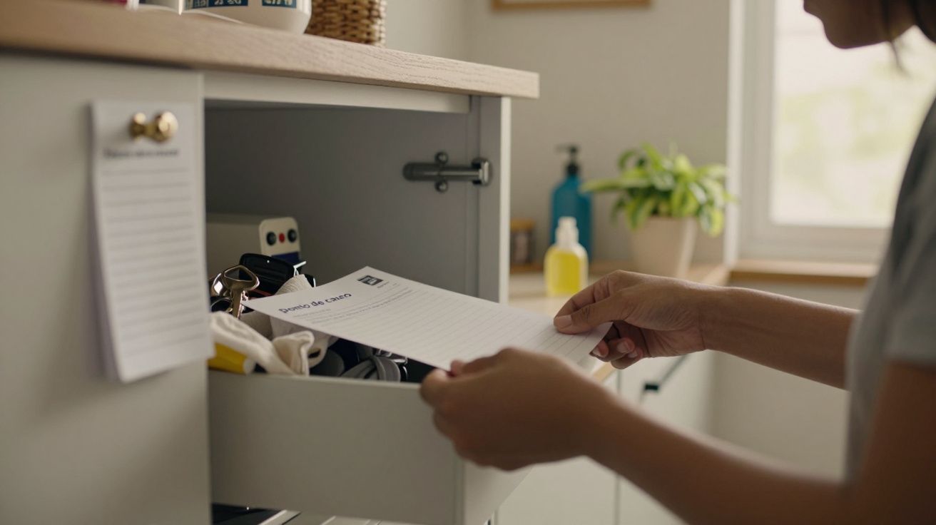 Pessoa guarda um documento num armário de cozinha com plantas e produtos de limpeza ao fundo.