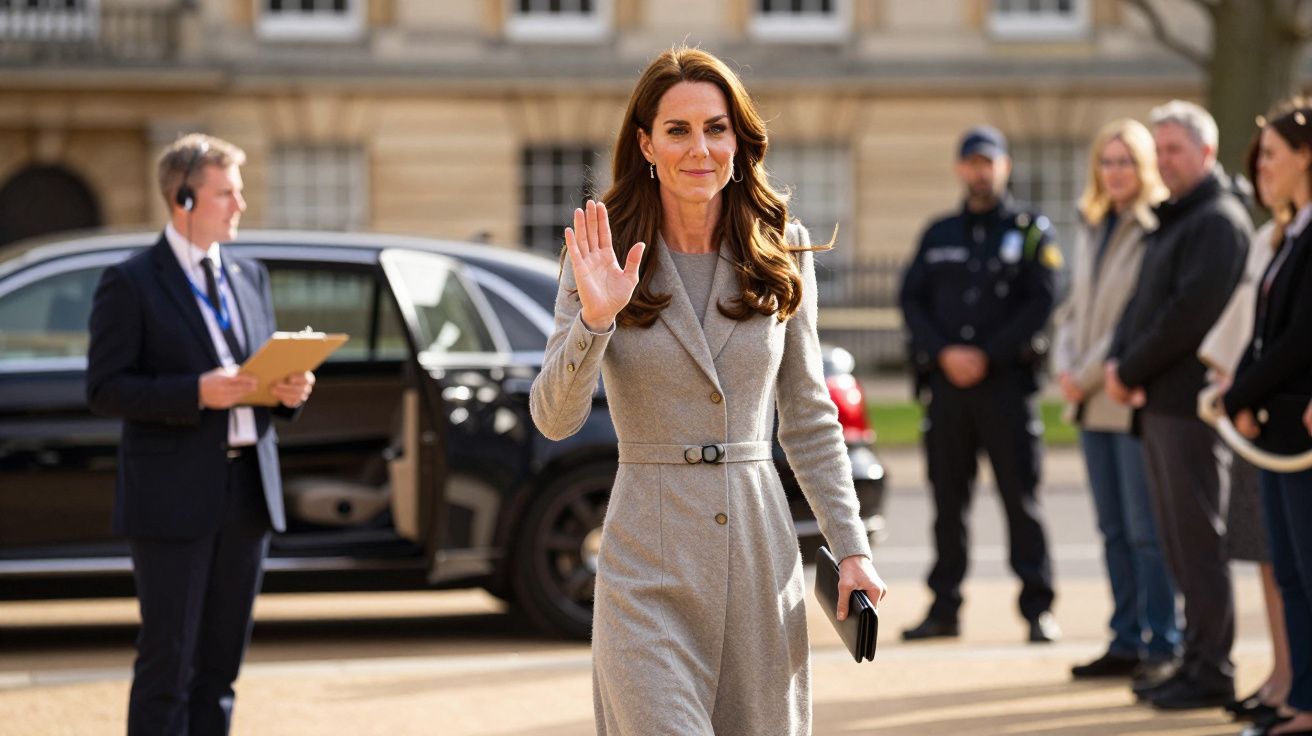 Mulher elegante num casaco cinza acena ao ar livre, pessoas ao fundo; carro preto estacionado próximo.