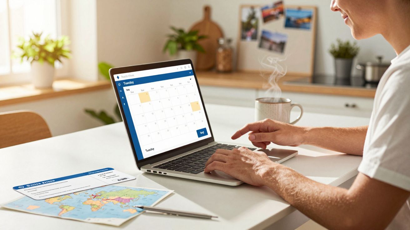 Pessoa a usar um portátil com calendário aberto na mesa de cozinha, com uma chávena e um mapa ao lado.