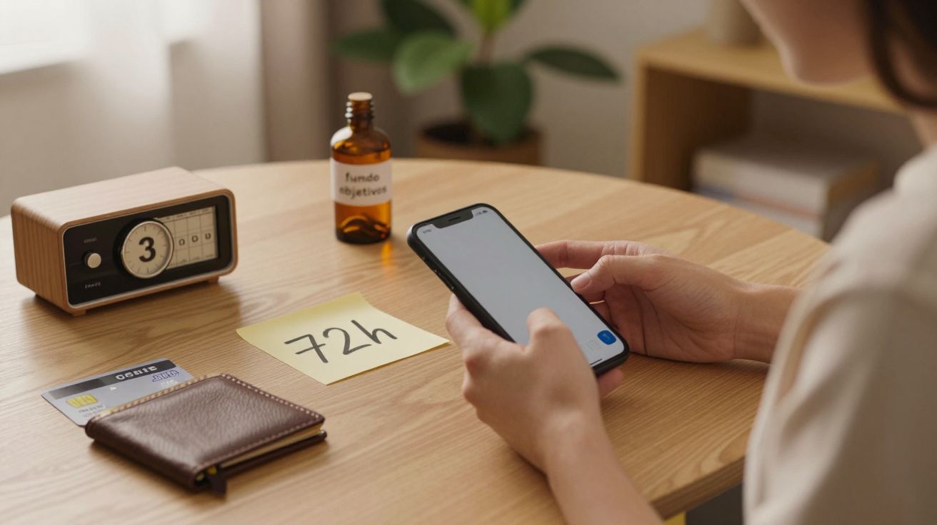 Pessoa usando smartphone numa mesa com relógio, carteira, cartão e nota com "72h".
