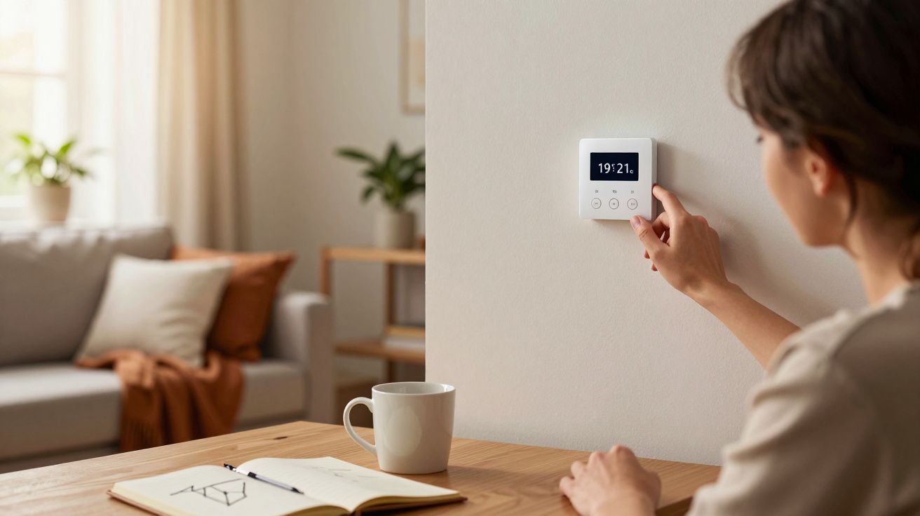 Mulher ajusta termostato digital na parede de uma sala de estar moderna e iluminada.