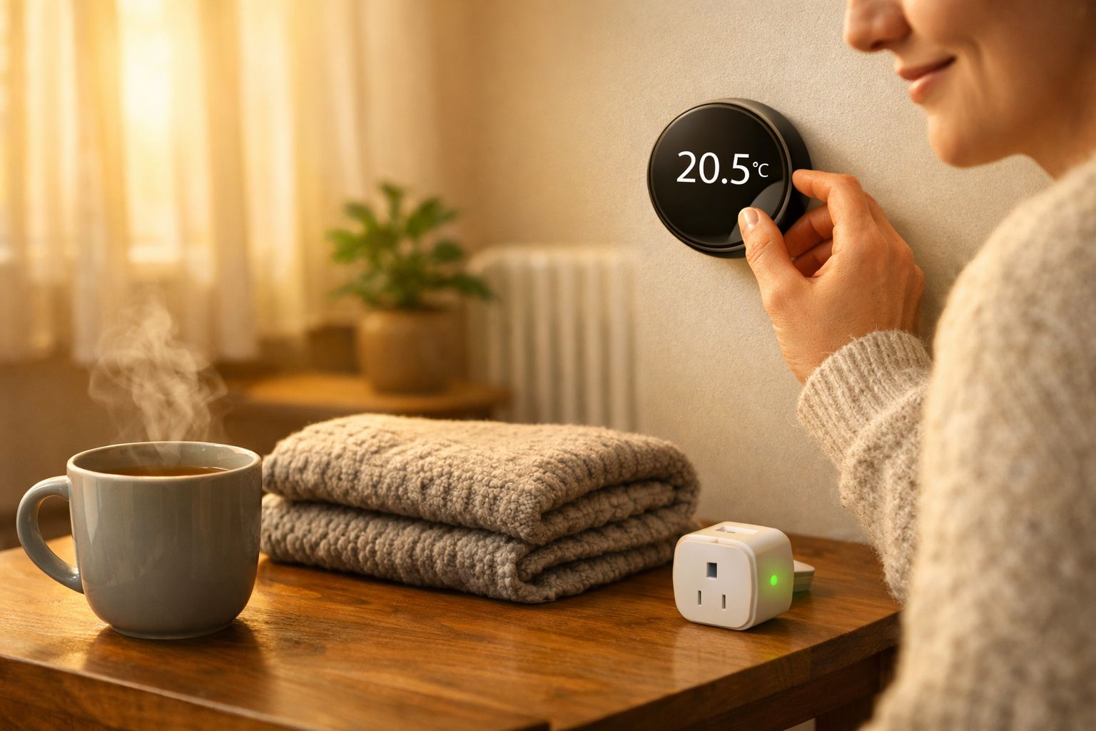 Pessoa ajusta um dispositivo eletrónico numa mesa com plantas e um relógio digital ao lado.