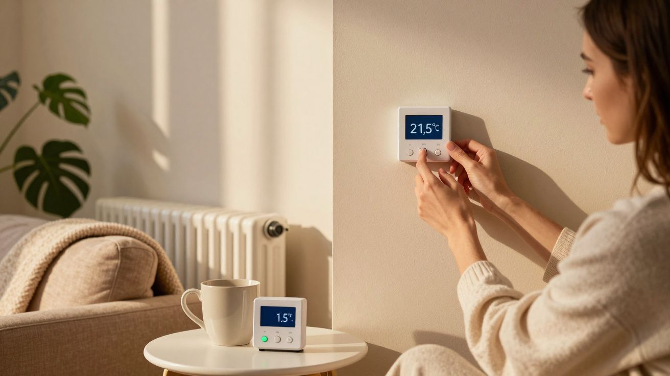 Mulher ajusta termóstato em casa, exibindo 21,5°C; chávena numa mesa e sofá ao fundo.