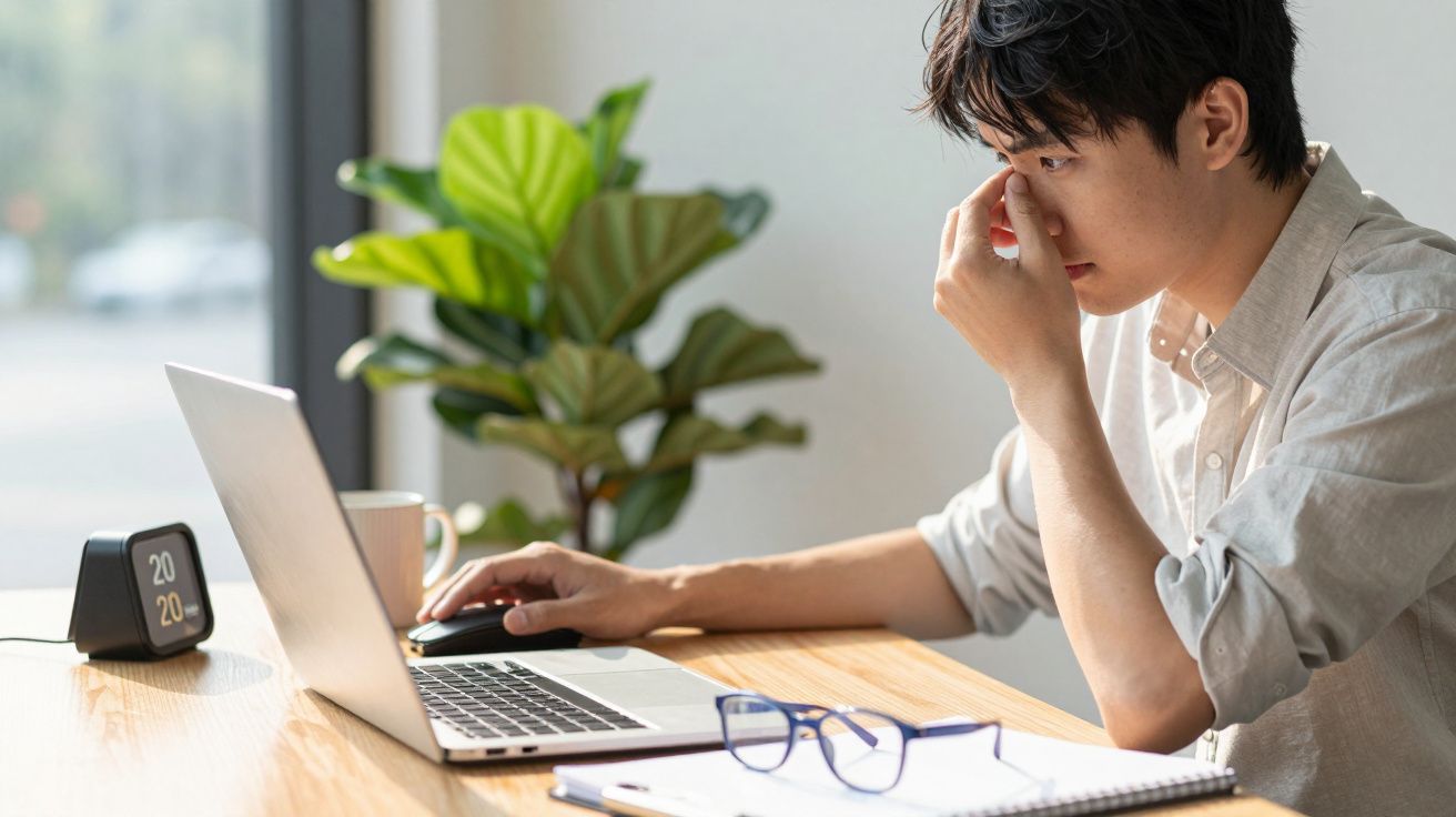 Pessoa cansada a usar portátil numa mesa, com planta e relógio ao fundo.