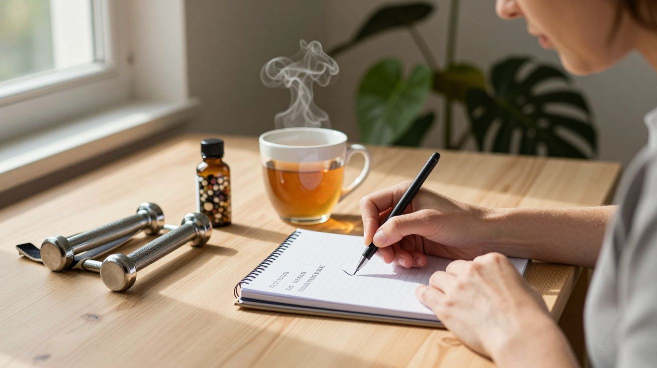 Mulher escreve numa caderneta junto a chávena de chá fumegante, frascos, halteres e janela.