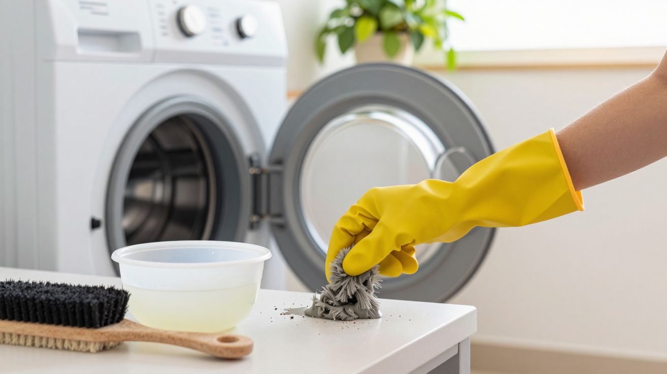 Mão com luva amarela a limpar uma superfície branca ao lado de uma máquina de lavar roupa aberta.