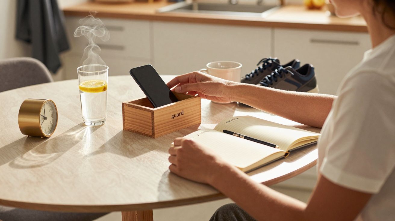 Pessoa a guardar o telemóvel numa caixa de madeira sobre a mesa com caderno, relógio, copo de água e sapatilhas.