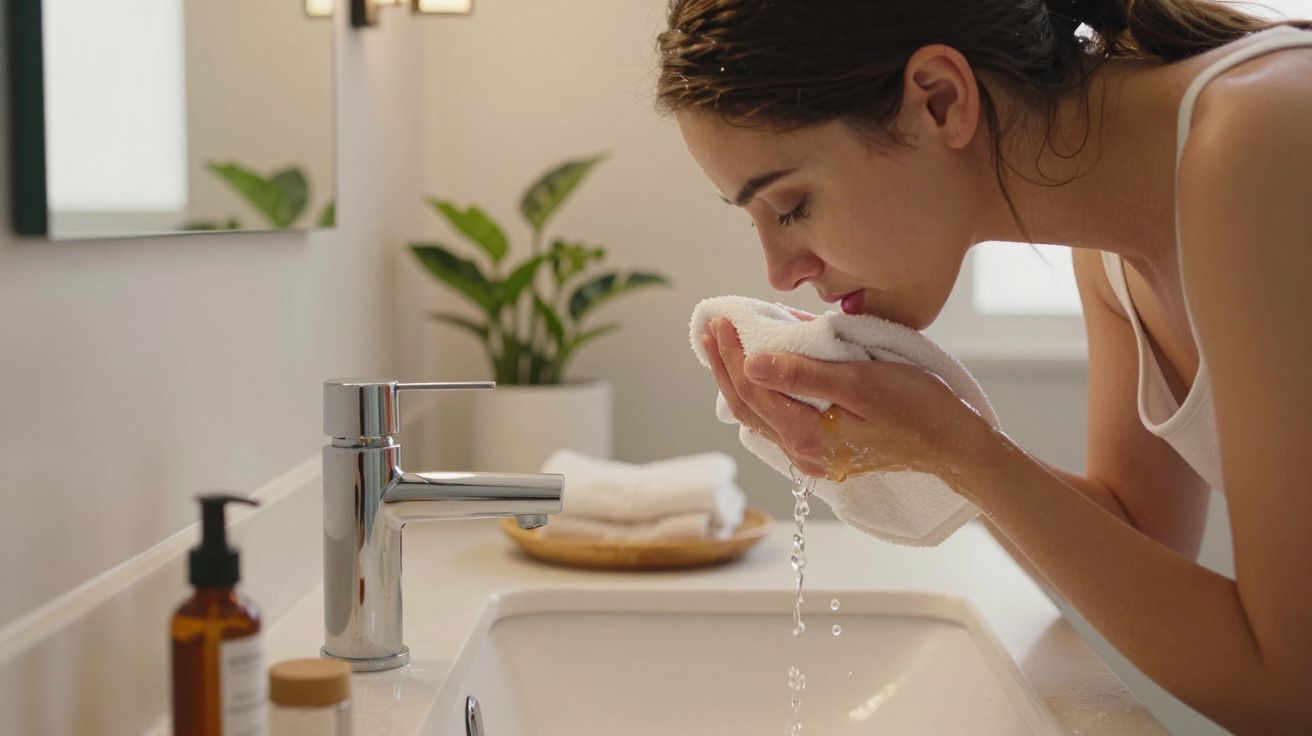 Mulher lavando o rosto com uma toalha branca em frente ao lavatório, com planta ao fundo.
