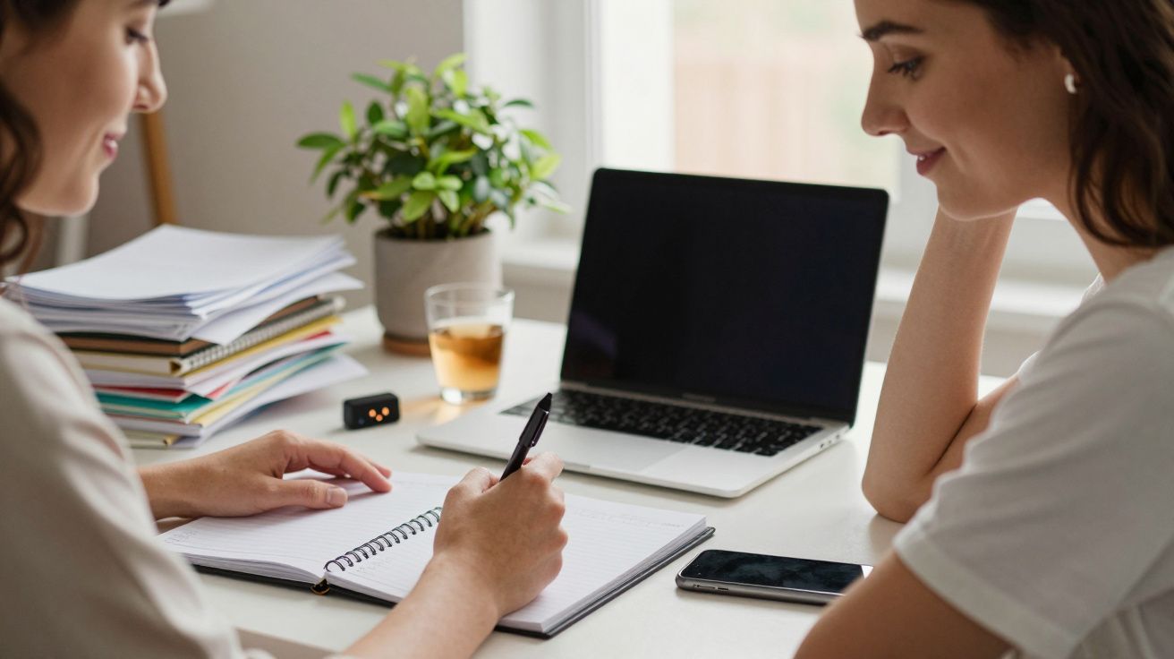 Duas mulheres trabalham juntas, uma escreve em caderno; há um portátil, chá e plantas sobre a mesa.