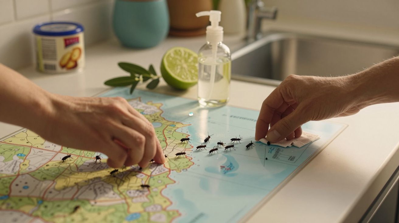 Duas mãos colocam insetos de plástico num mapa, com uma lima, sabonete e ervas ao fundo numa cozinha.