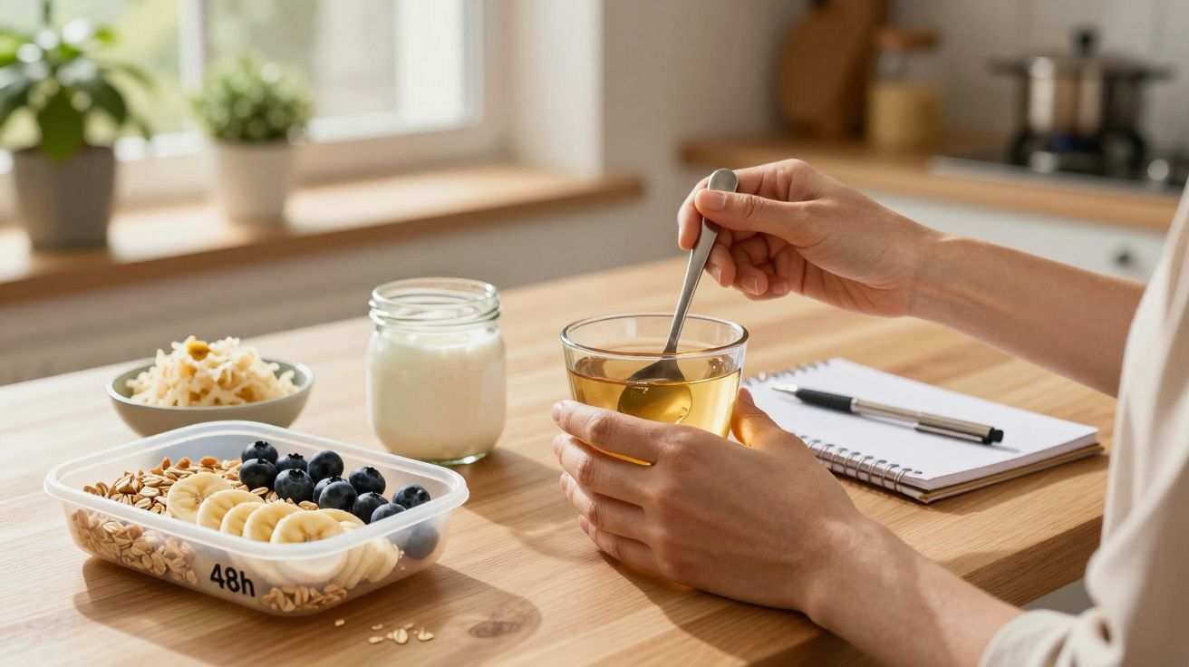 Pessoa mistura chá numa cozinha com aveia, fruta, iogurte e caderno ao lado.