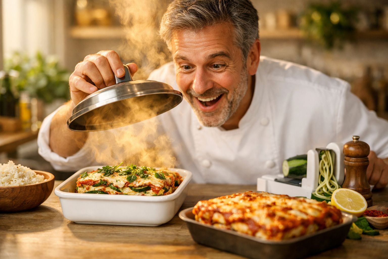 Chef sorridente com prato de massa numa cozinha moderna, rodeado de ingredientes frescos na bancada.