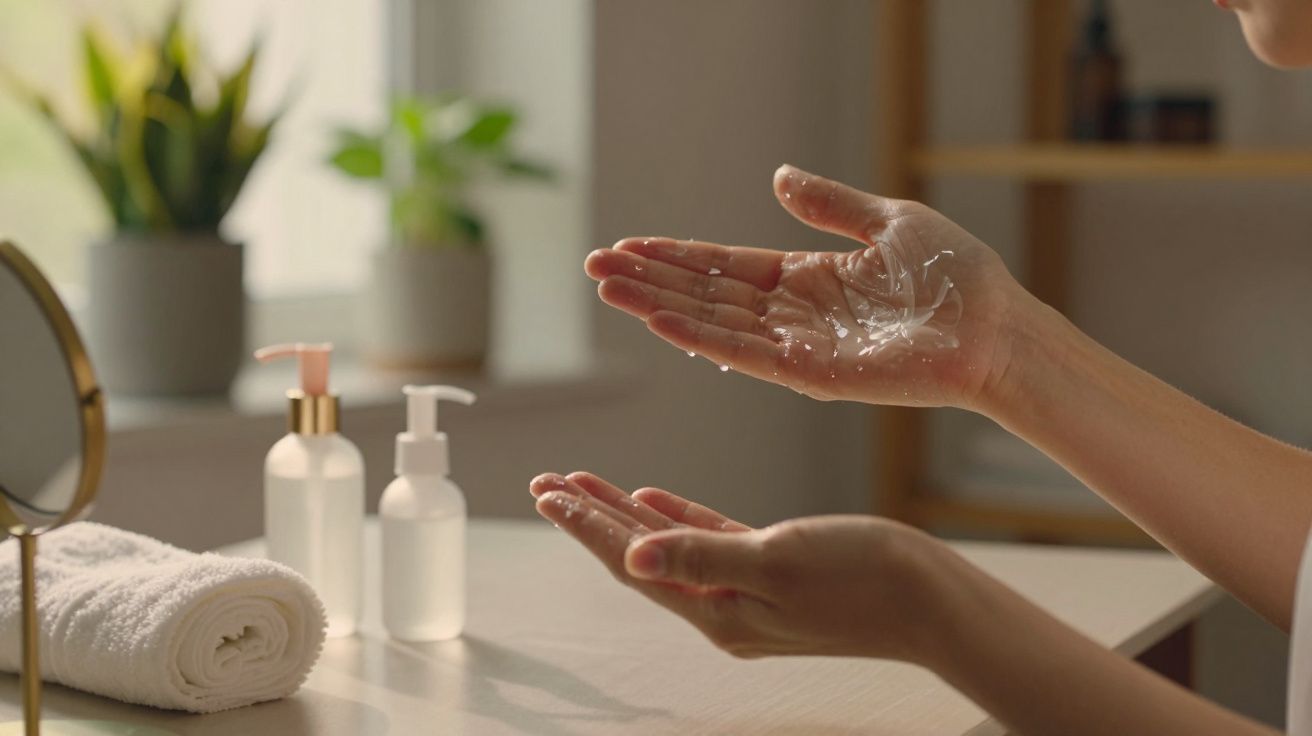 Mãos aplicando gel nas palmas, com toalha e frascos de loção sobre a mesa, plantas ao fundo.