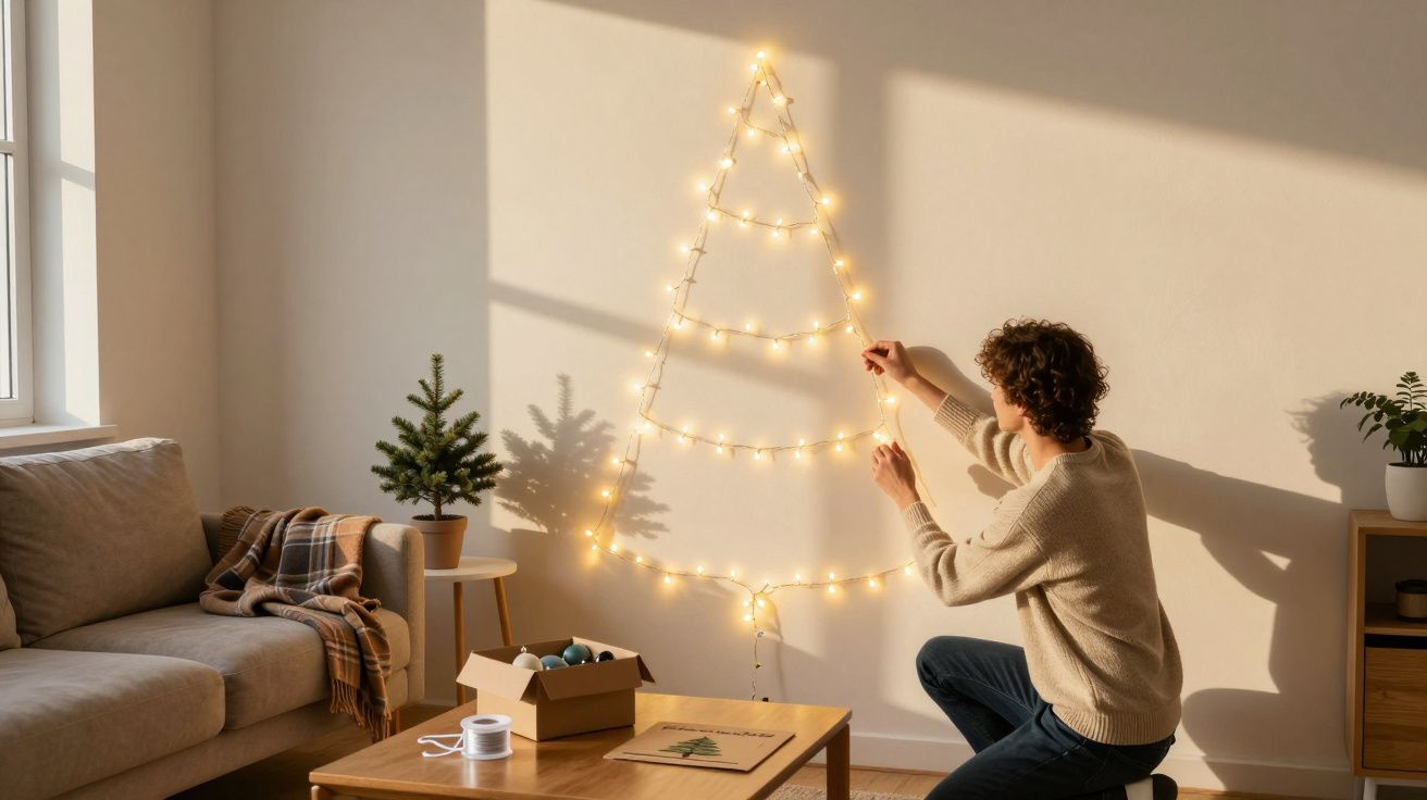 Pessoa a decorar parede com luzes em forma de árvore de Natal numa sala iluminada pelo sol, com sofá e plantas.