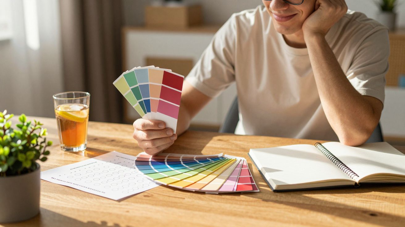 Pessoa seleciona amostras de cores em mesa com blocos de notas e bebida ao sol.