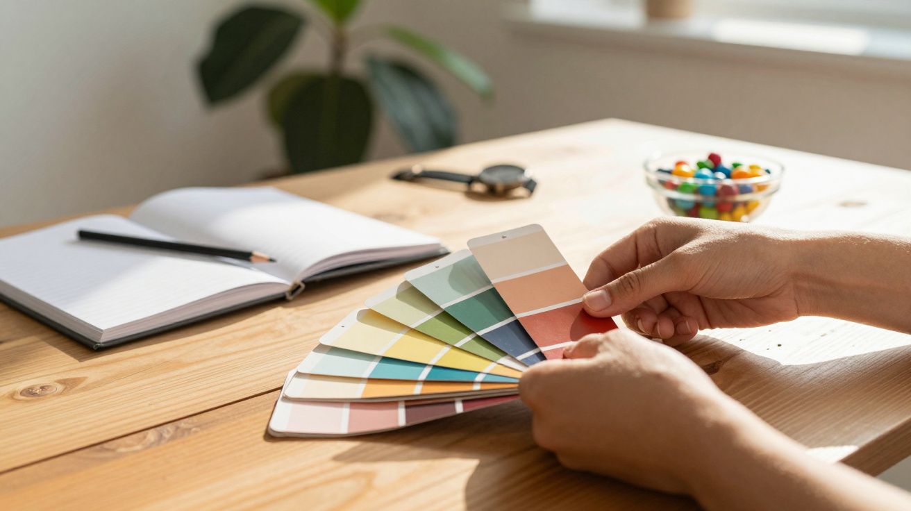 Mãos seguram leque de amostras de cores em mesa de madeira, com caderno, lápis e tigela de doces ao fundo.