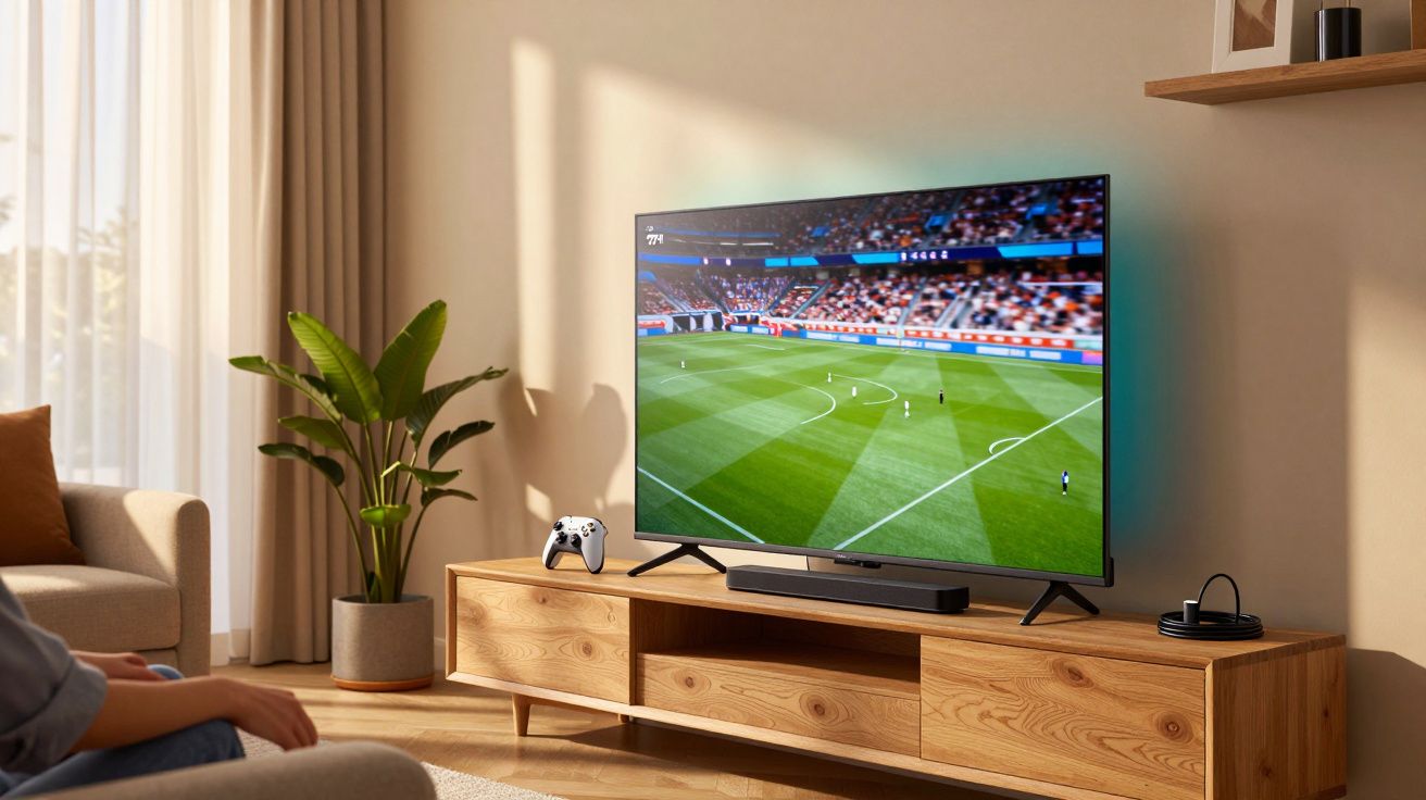 Sala de estar com televisão a transmitir um jogo de futebol, consola de jogos e planta ao lado do sofá.