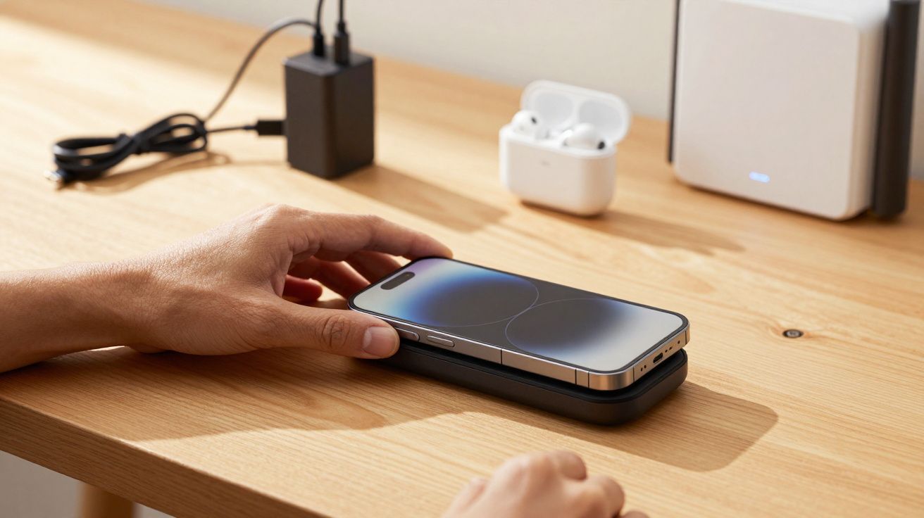 Pessoa a colocar um smartphone num carregador sem fios sobre uma mesa de madeira, com auriculares ao fundo.