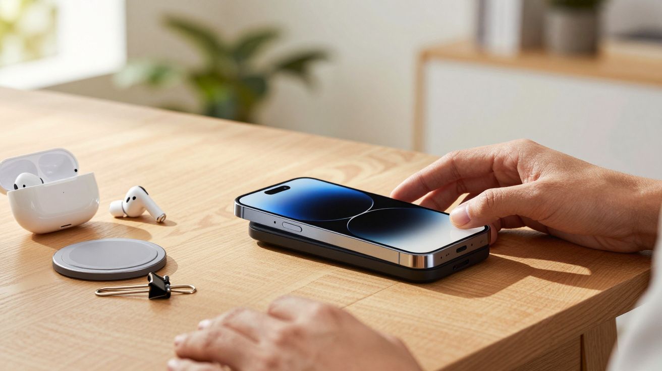 Mão segurando smartphone sobre carregador sem fios, com auscultadores ao lado, em mesa de madeira.