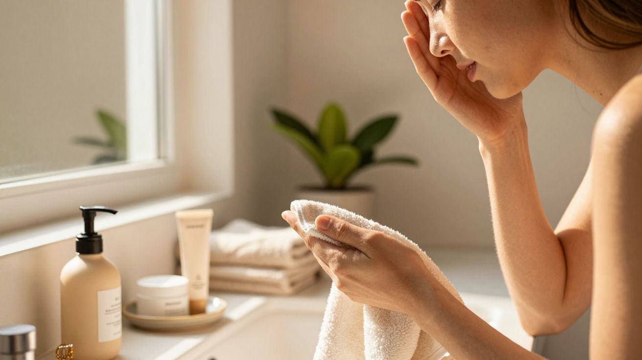Mulher limpa o rosto com toalha branca numa casa de banho iluminada pelo sol. Produtos de cuidado pessoal ao lado.