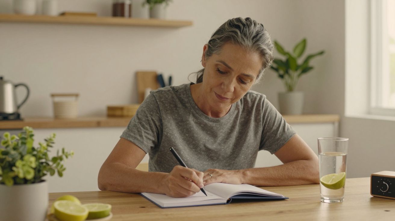 Mulher de cabelo grisalho escreve num caderno à mesa, com um copo de água e limão ao lado, numa cozinha iluminada.