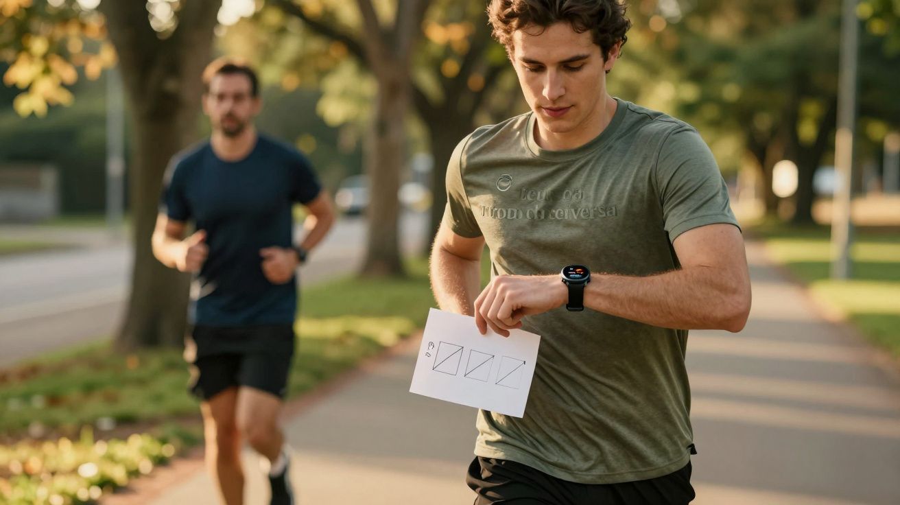 Dois homens a correr num parque; um verifica o relógio enquanto segura um papel.