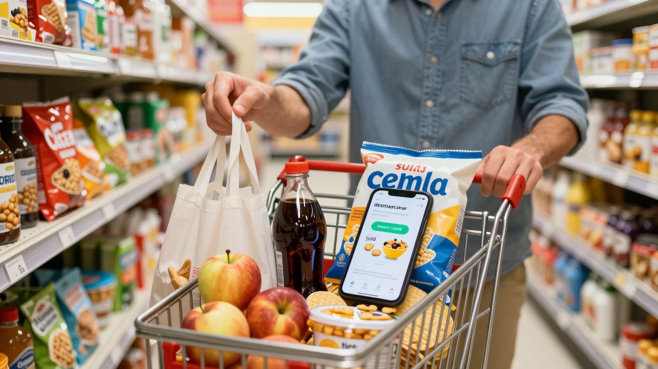 Pessoa empurrando carrinho de compras com frutas, bebidas e telemóvel num supermercado.