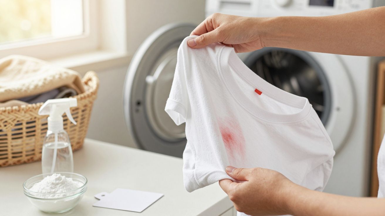 Pessoa segura camiseta branca com mancha vermelha, junto a uma máquina de lavar e produtos de limpeza.