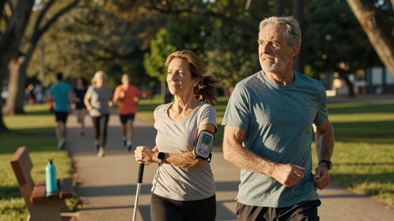 Casal a correr num parque ao entardecer, com pessoas ao fundo e garrafa de água num banco.