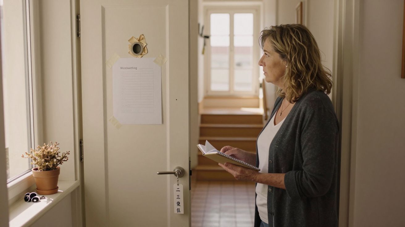 Mulher em pé, segurando um caderno, diante de uma porta com lista presa, planta ao lado e janela ao fundo.