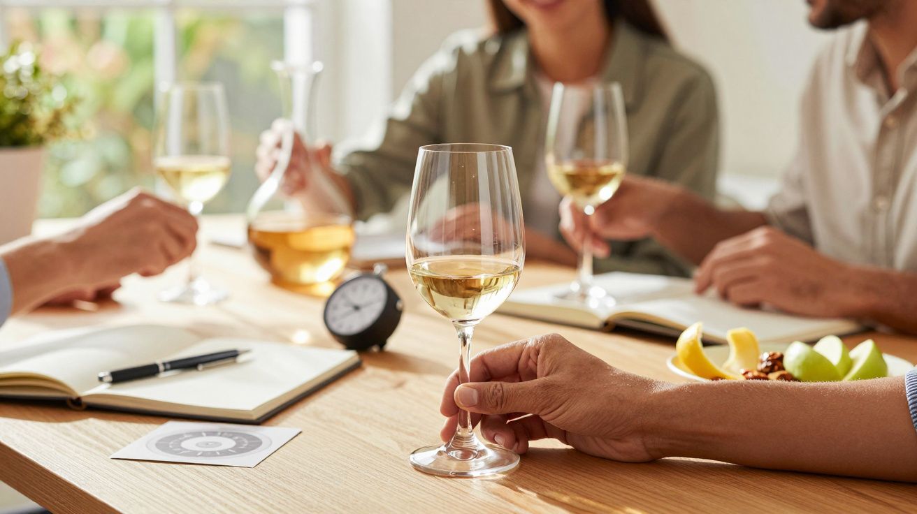Pessoas à mesa com copos de vinho branco e cadernos, num ambiente de reunião informal.