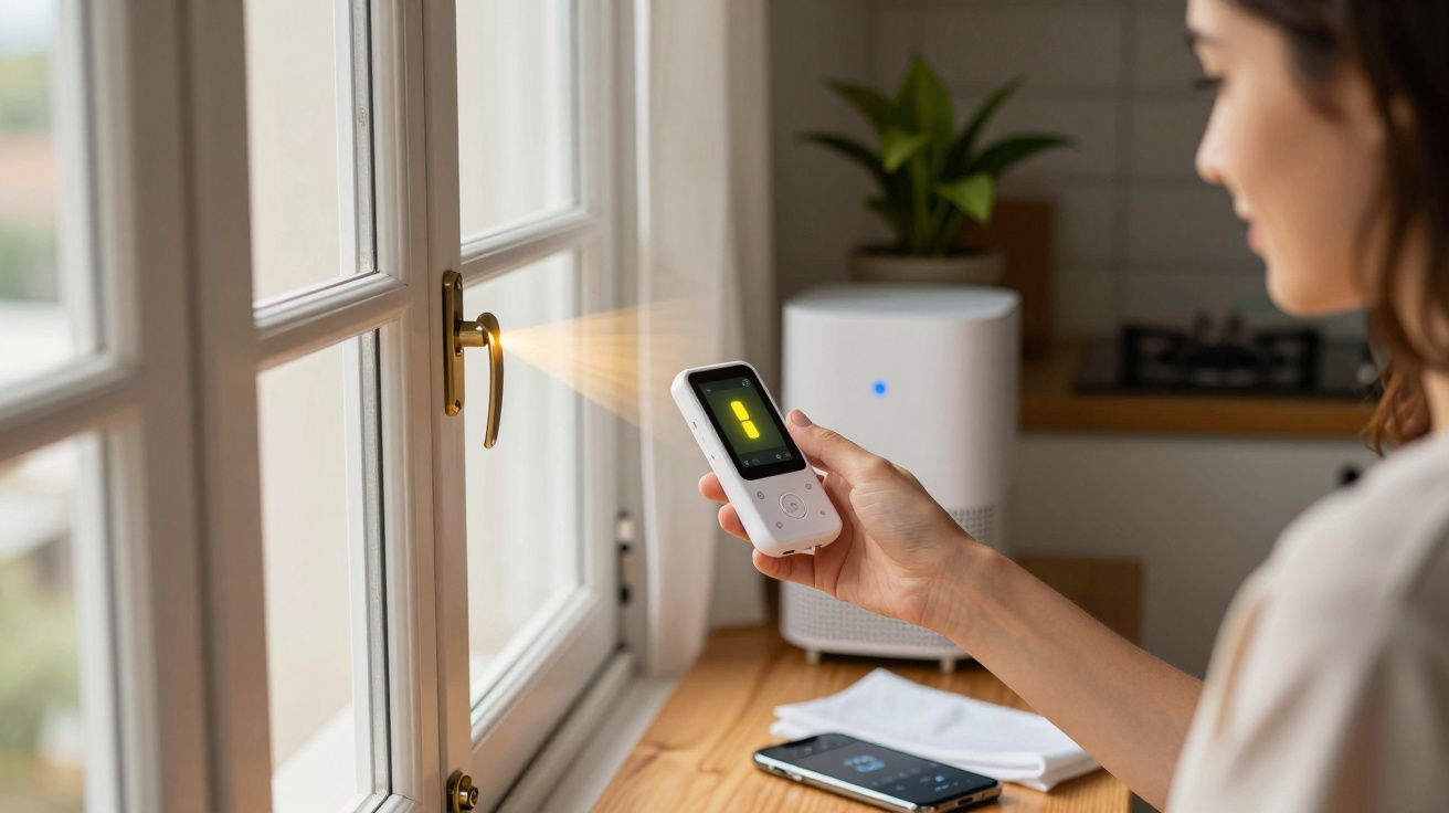 Mulher segura dispositivo inteligente junto a uma janela, controlando o ambiente da sala.