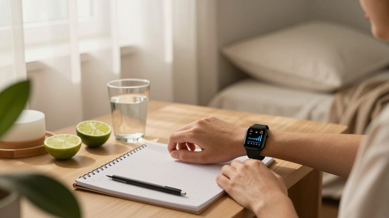 Pessoa com smartwatch junto a bloco de notas, copo de água e limões cortados em mesa de madeira.