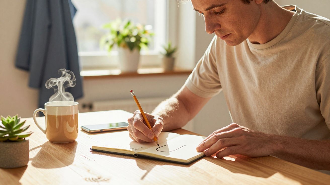 Homem a desenhar num caderno numa mesa de madeira, com uma chávena de café e plantas ao fundo.