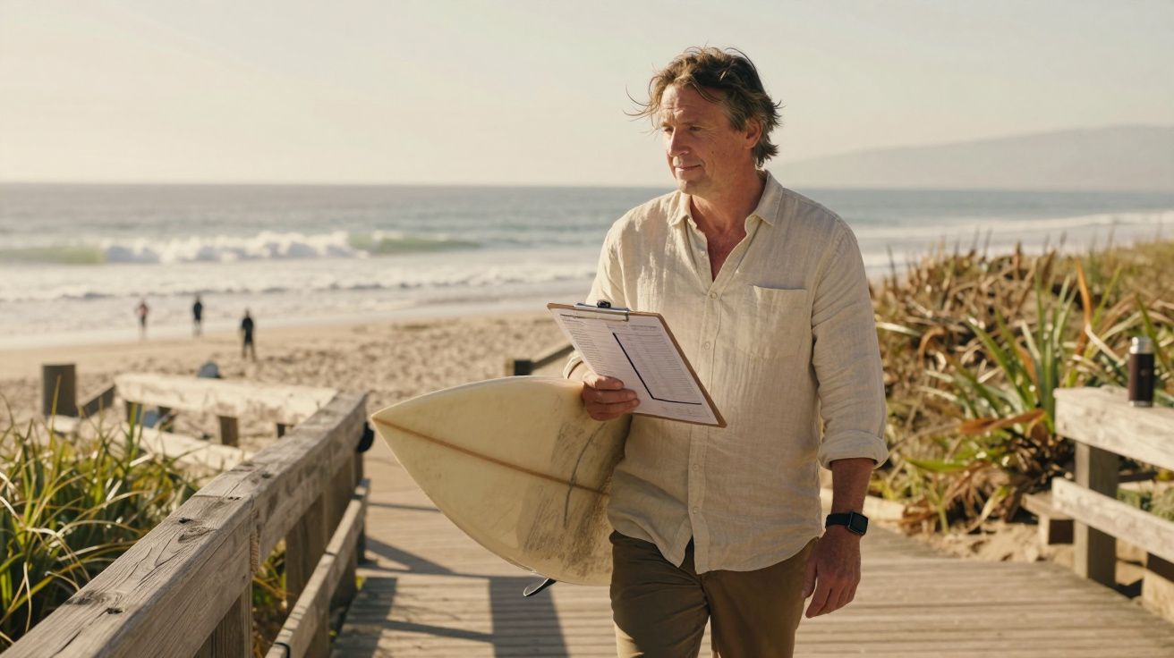 Homem caminhar na praia, segurando uma prancha de surf e um bloco de notas, com o mar ao fundo.