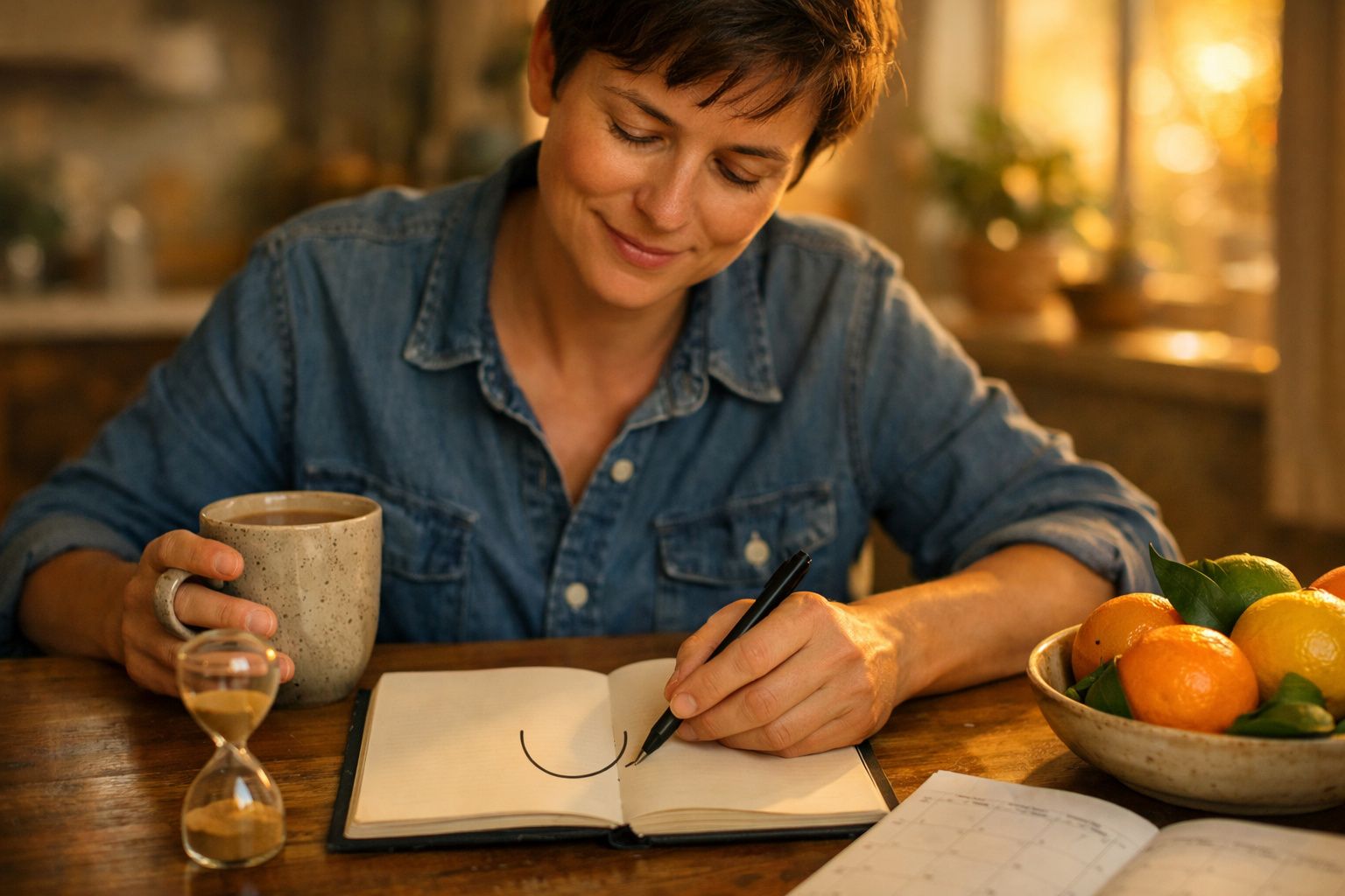 Mulher a desenhar num caderno com uma caneca, numa cozinha iluminada. Uma planta e um livro estão na mesa.