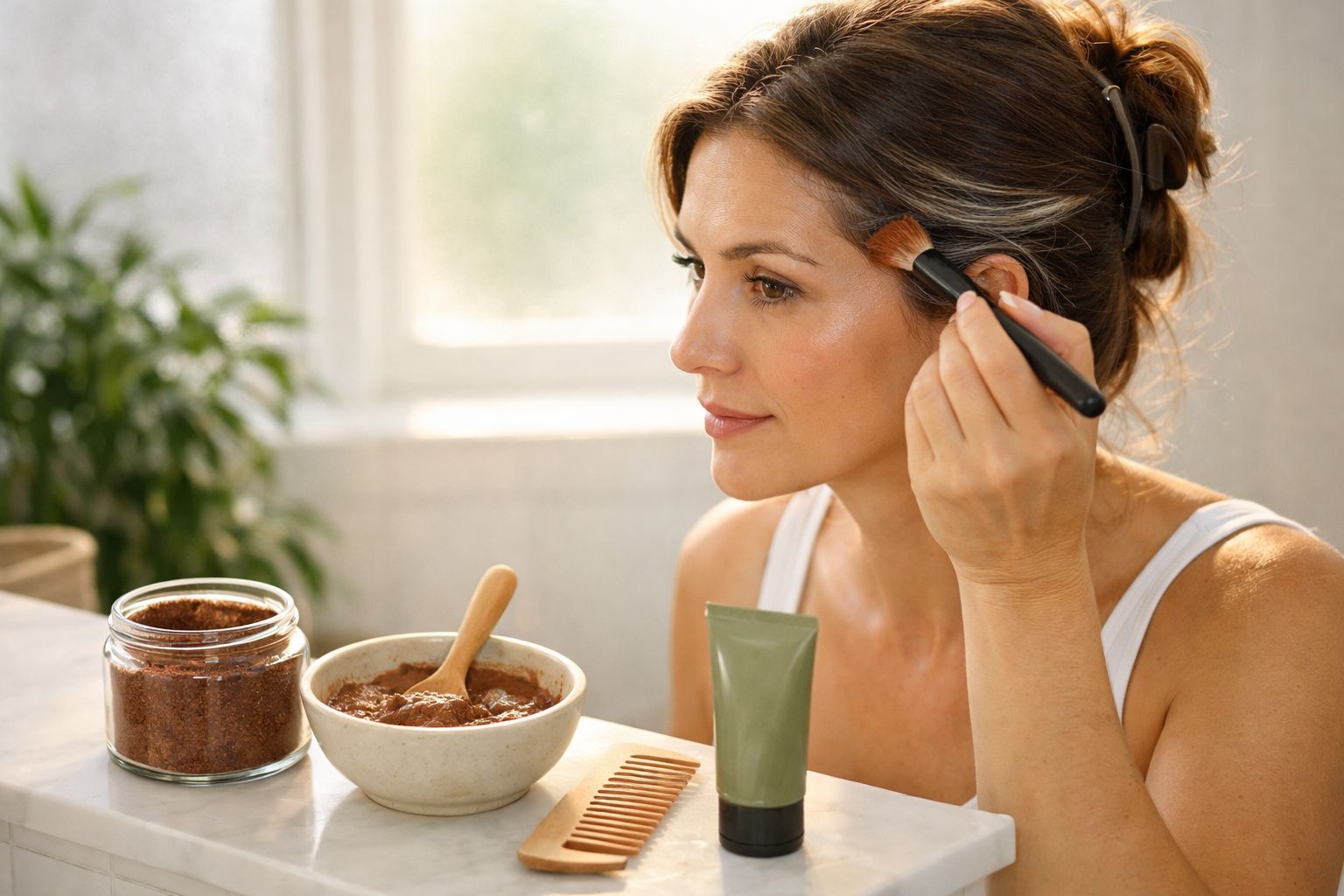 Pessoa aplica máscara de chocolate com pincel numa tigela, em bancada com toalhas e planta ao lado.