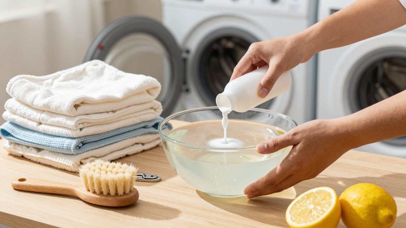 Mãos vertem detergente em taça com água, perto de toalhas e limões na frente de máquinas de lavar.