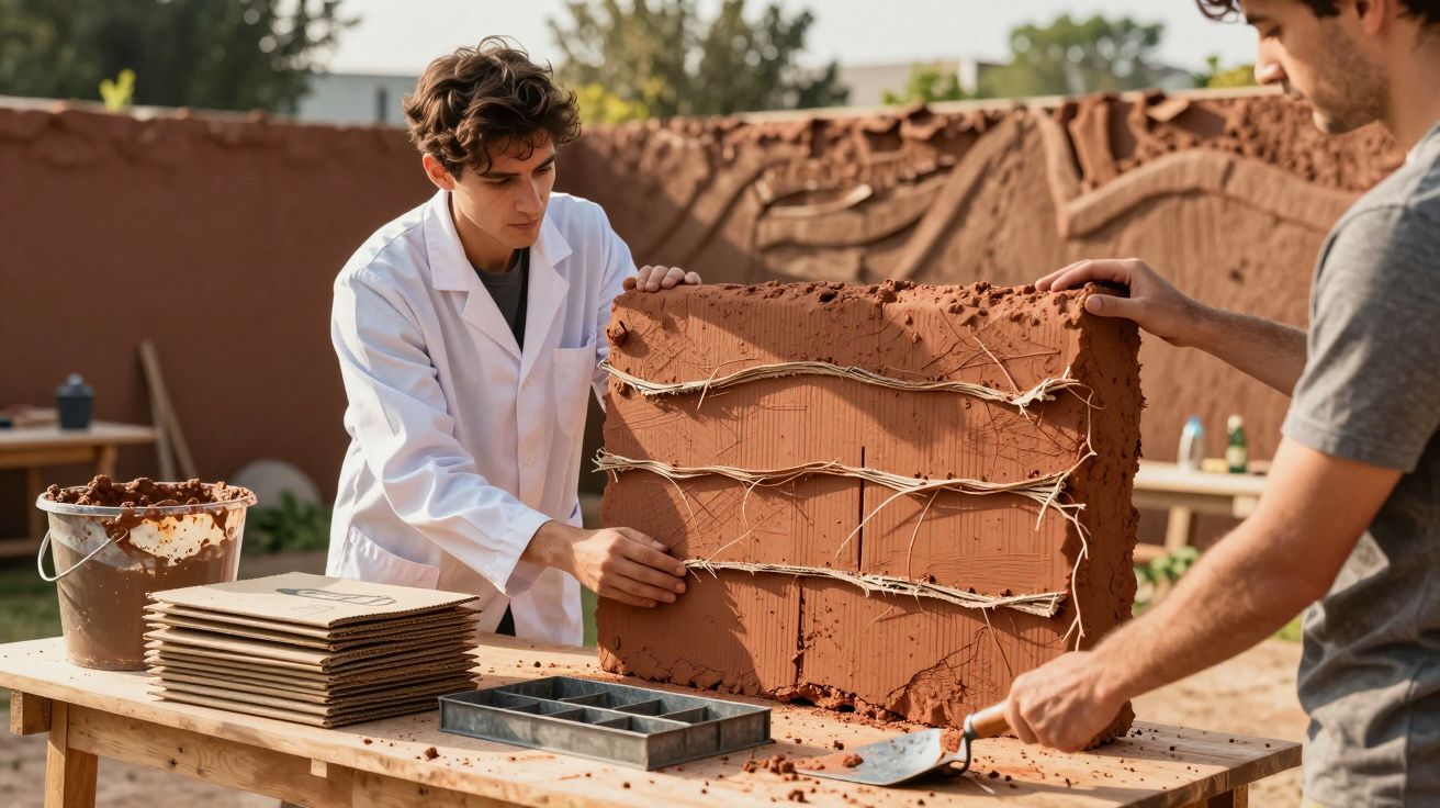 Homens trabalham em projeto de construção com barro, usando cordas como reforço, ao ar livre.