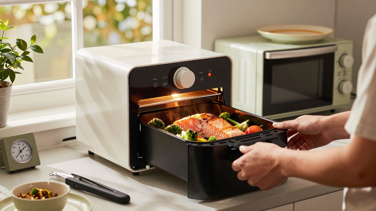 Pessoa inserindo bandeja com salmão e vegetais numa fritadeira, numa cozinha iluminada, junto a janela e micro-ondas.