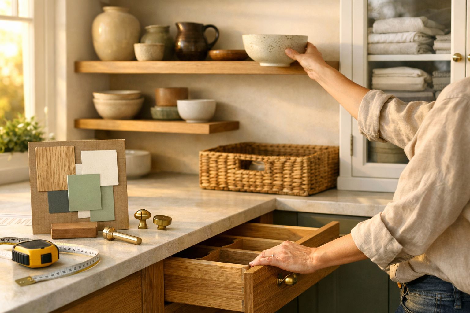 Homem organizando prateleira da cozinha com cestos de vime, rodeado por utensílios e plantas.