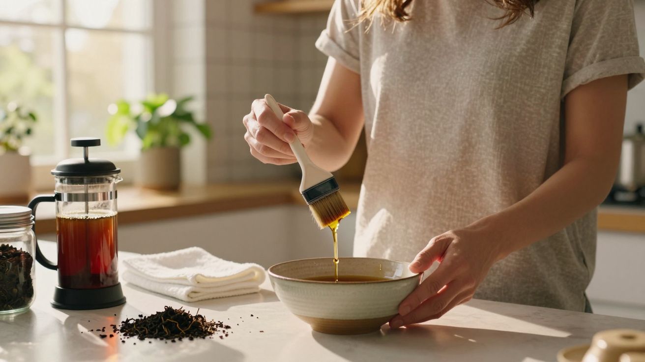 Pessoa a aplicar molho numa tigela com um pincel de cozinha, ao lado de uma prensa francesa com chá numa cozinha iluminada pe