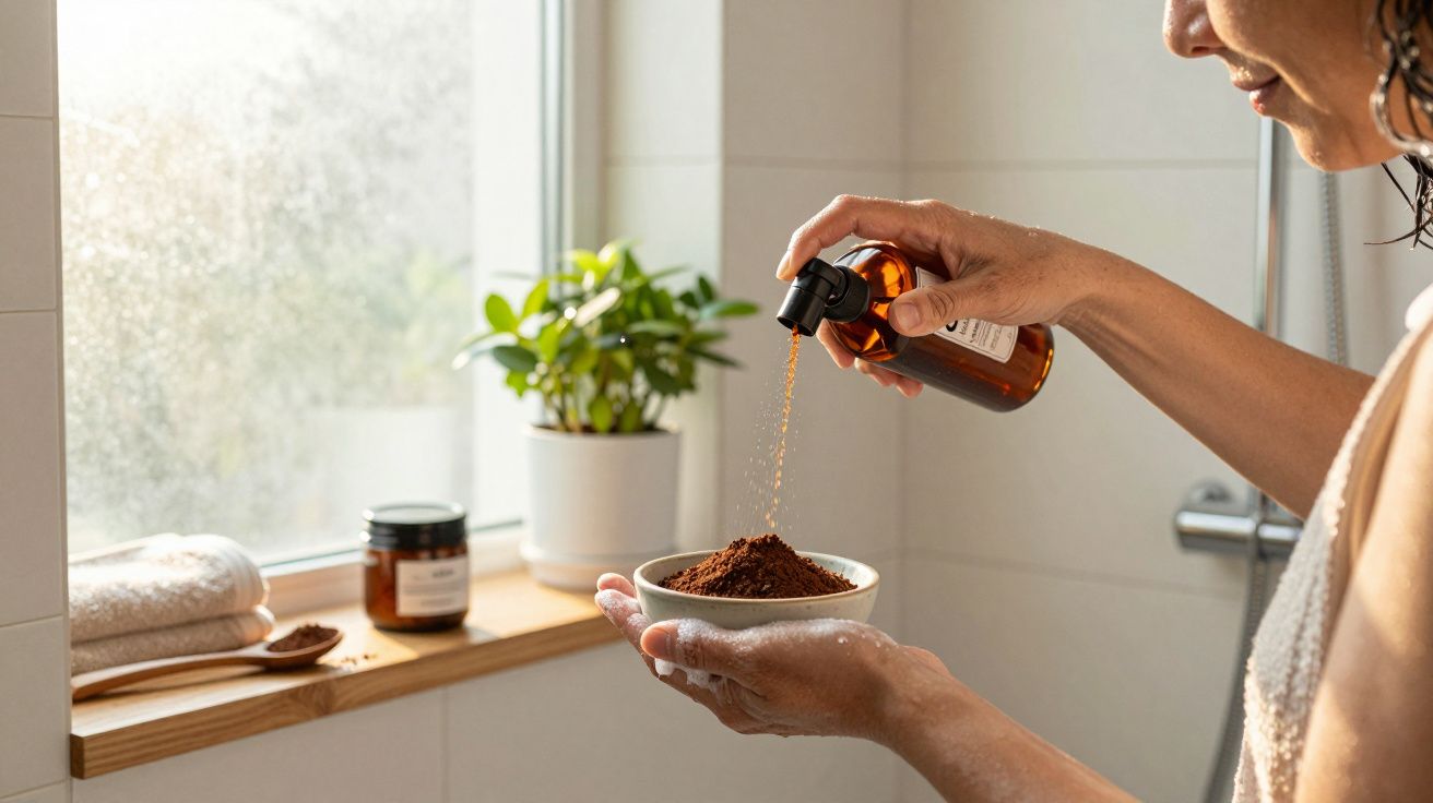 Pessoa aplica loção num prato com grãos, com plantas e toalhas ao fundo na casa de banho iluminada pelo sol.