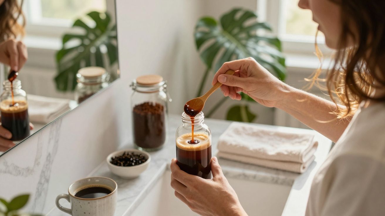 Pessoa a preparar café numa cozinha, adicionando xarope a uma garrafa. Copo de café e frasco ao fundo.