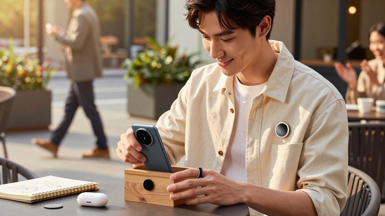 Homem sentado a mexer num smartphone com suporte em madeira, num café ao ar livre. Ao lado, caderno e auriculares.