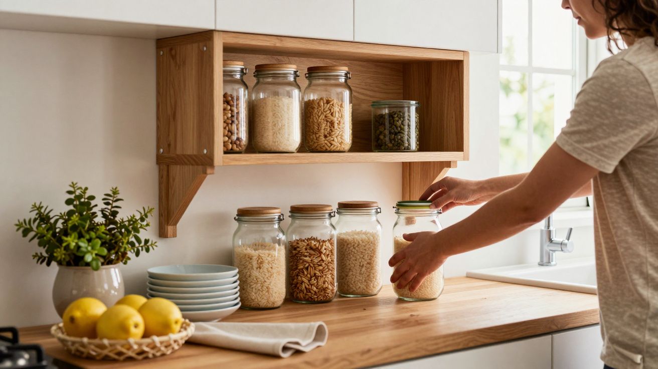 Pessoa a organizar frascos de armazenamento numa cozinha bem iluminada, com plantas e limões no balcão.