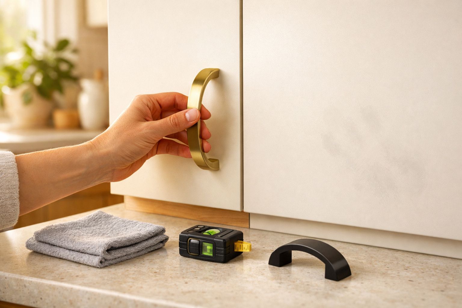 Mão a abrir gaveta de cozinha com puxador dourado; bancada com limas, caneca, e tábuas de madeira ao fundo.